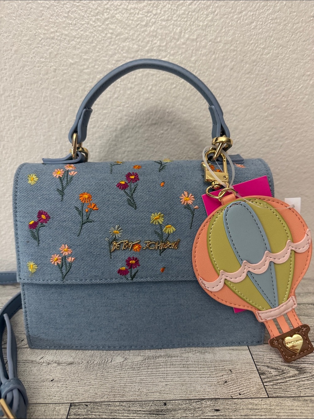 Betsey Johnson Denim Floral Embroidered Satchel with Hot Air Balloon Charm NWT